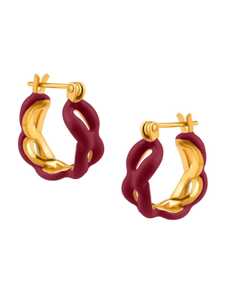 Enamel Link Huggy Hoops - Midnight Maroon - MISHO - Earrings